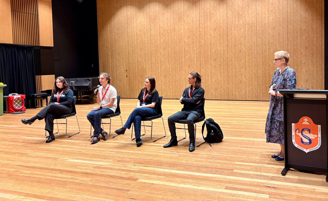 Tech Industry panelists Michelle, Jo, Aiden and Daniel with event organiser Casey McManus